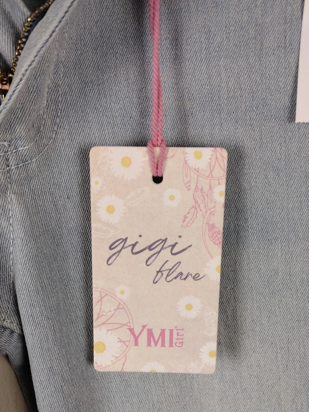 YMI Girl Gigi Flare Blue Light Potassium Wash High Rise Lace Raw Hem Denim Jean